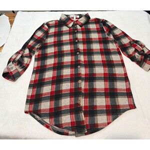 Kontrol Contemporary Plaid Flannel Button Down Shirt Red Black Grey Size M